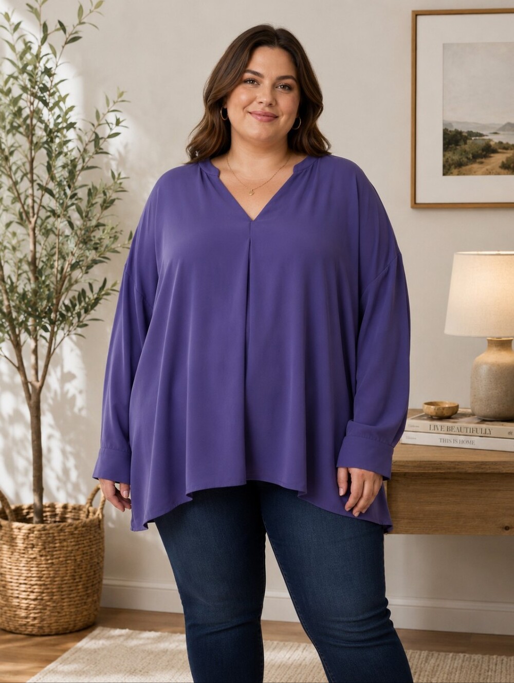 Alfani Women's 3X Purple V-Neck Long Sleeve Blouse Plus Size Flowy Tunic Top - Picture 3 of 8